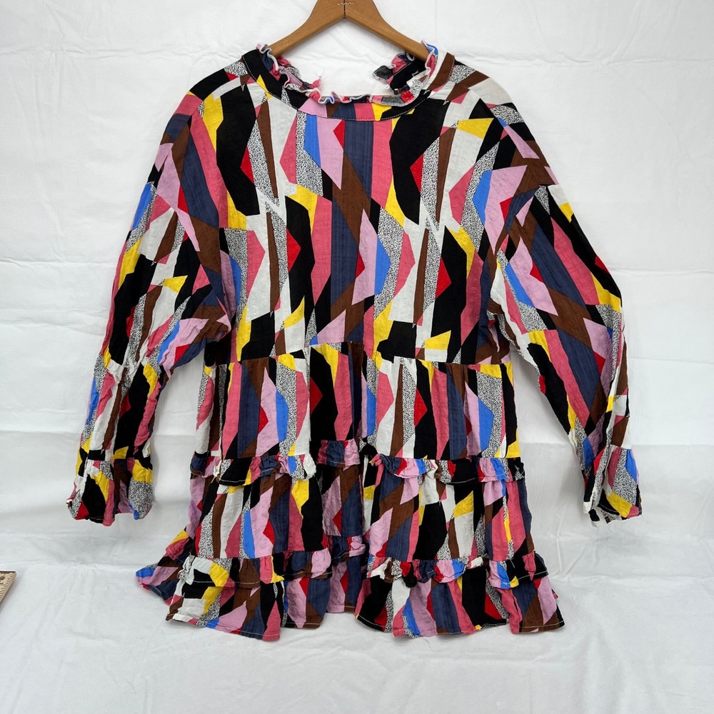 Jodifl Womens Abstract Geometric Ruffle Tiered Babydoll Tunic Top sz Large‎